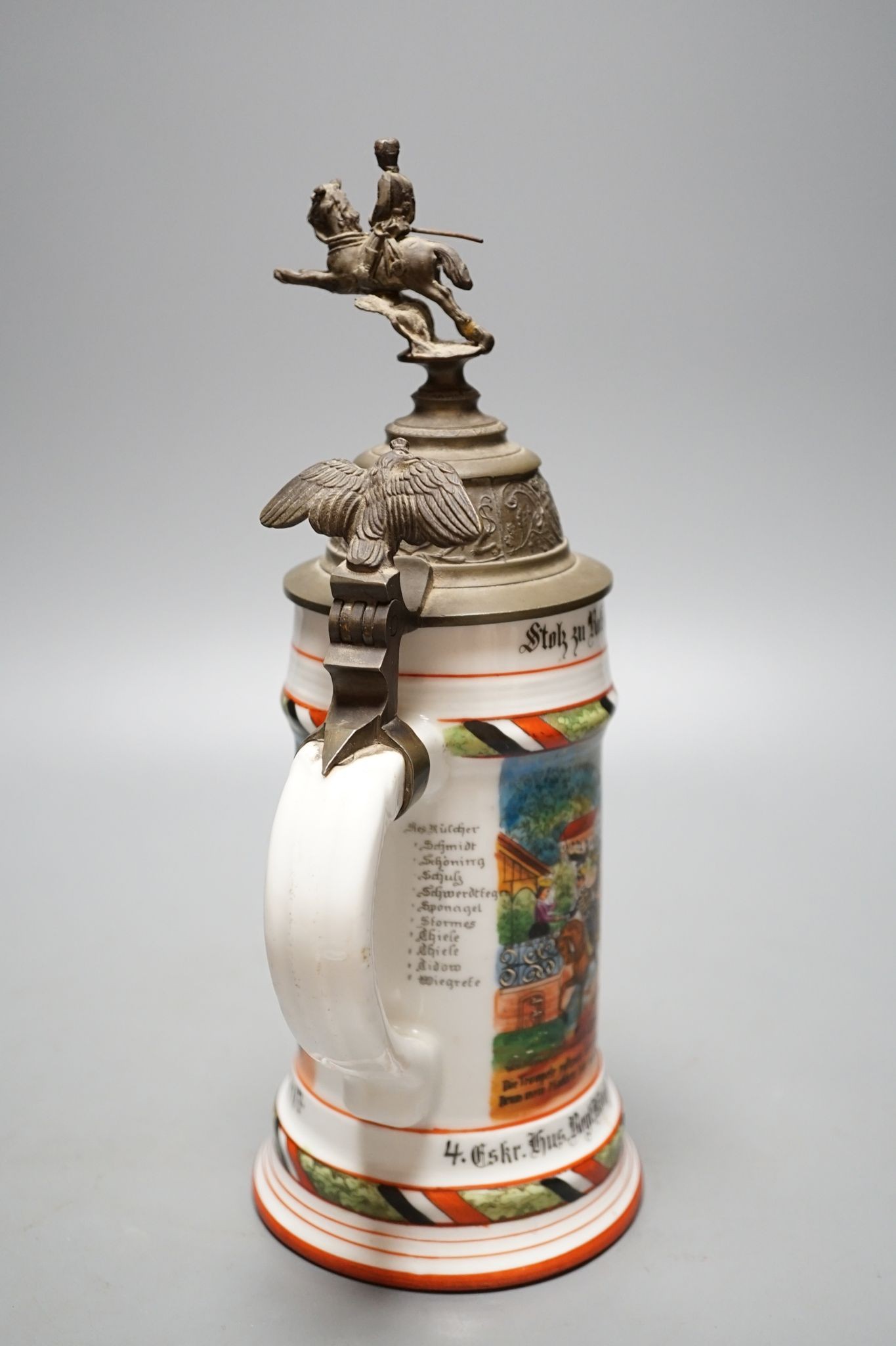 An Imperial German Prussian Reservist commemorative stein, half litre capacity, named to Kulcher, 29 cms high.